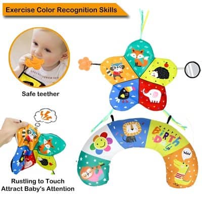 Colorful baby sensory toy with animal designs, safe teether, and interactive features for infant development and sensory recognition, perfect for early childhood education.