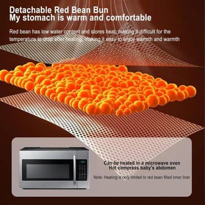 Red bean filled heating mat for thermal therapy, provides warmth and comfort, can be heated in a microwave oven to soothe abdominal pain, with low water content for heat retention.