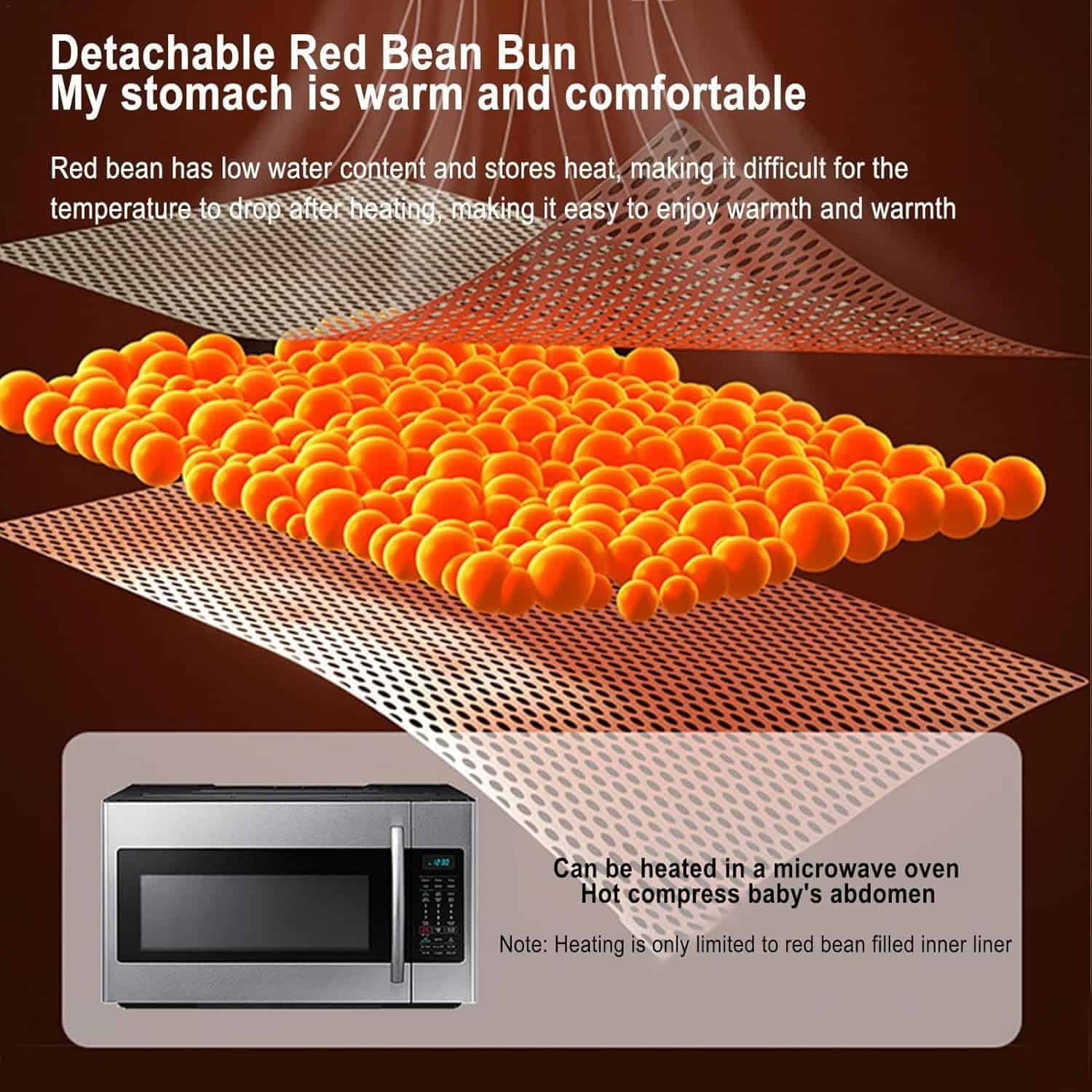 Red bean filled heating mat for thermal therapy, provides warmth and comfort, can be heated in a microwave oven to soothe abdominal pain, with low water content for heat retention.
