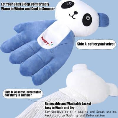 Soft plush panda baby sleep aid with removable washable jacket for comfortable sleep in all seasons.