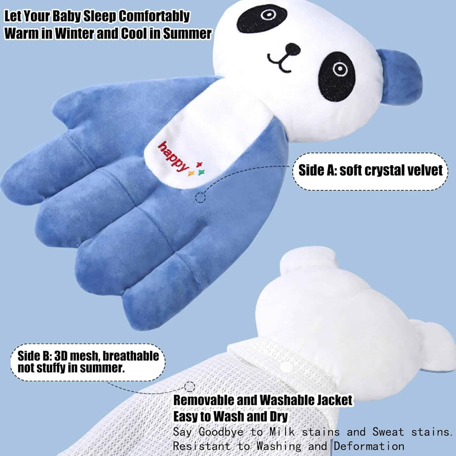 Soft plush panda baby sleep aid with removable washable jacket for comfortable sleep in all seasons.