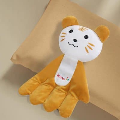 Soft plush toy of a cute cartoon tiger with a white face, orange ears, and a yellow body, perfect for children's comfort and bedtime at Monalisa Store.