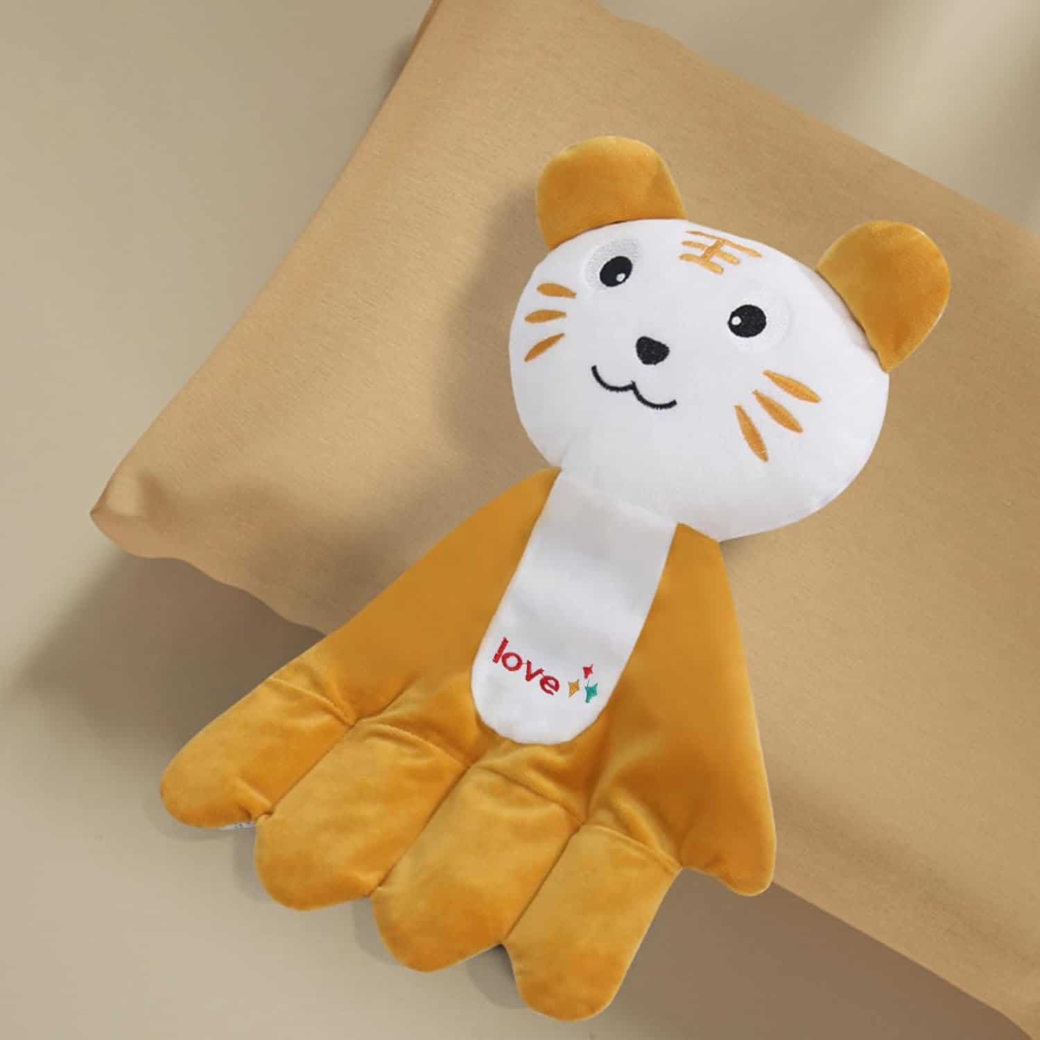 Soft plush toy of a cute cartoon tiger with a white face, orange ears, and a yellow body, perfect for children's comfort and bedtime at Monalisa Store.