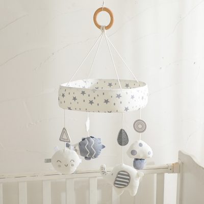 Soft baby crib mobile with plush clouds and stars, perfect for nursery decor and infant safety.