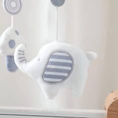 Adorable plush elephant baby mobile for nursery decor, featuring soft fabrics and striped accents, ideal for soothing infants. Perfect for creating a calming, playful environment for young children.