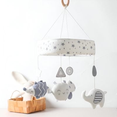 Soft baby mobile with plush animals and hanging toys, nursery decor for infants, Monalisa Store opt for safe, cute, and calming baby accessories, perfect for a modern nursery setting.