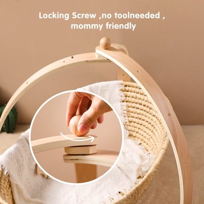 Natural wooden baby crib with locking screw feature, mom-friendly and easy to assemble, perfect for nursery safety and convenience.