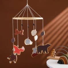 Wooden baby mobile with animal and fruit decorations for nursery decor, Monalisa Store.