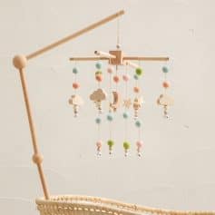 Wooden baby mobile with cloud and star charms, pastel felt balls and hanging beads, nursery decor for infants, Monalisa Medical Store product.