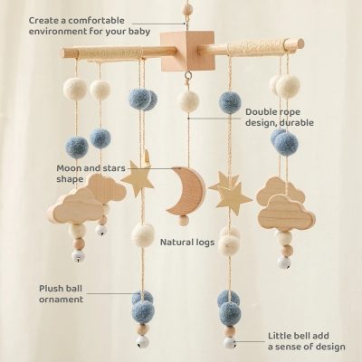 Comfortable baby room decor, nursery mobile with wooden clouds, stars, moons, and soft felt balls, creates a soothing environment for infants, durable double rope design, natural wood logs, plush ball ornaments, ideal for baby's peaceful sleep and stimulating visual development.