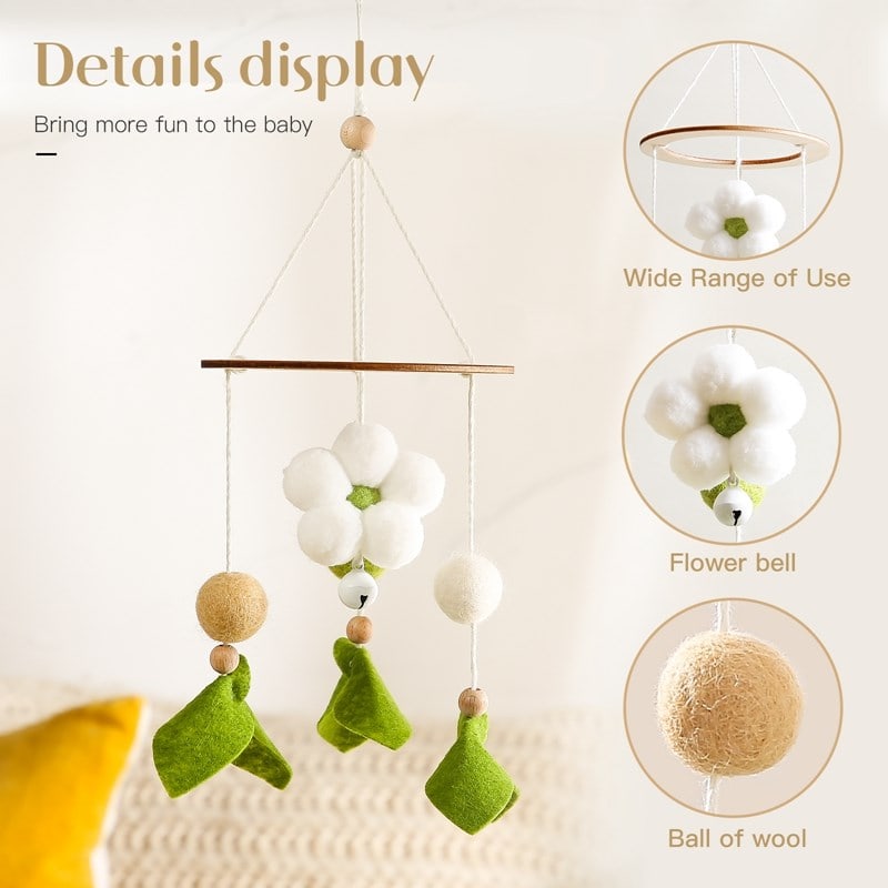 Soft baby mobile toy with flower bell and wool ball for nursery decor, enhances sensory development, easy to use, colorful and safe for infants, ideal gift for new parents.
