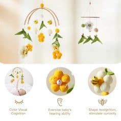 Soft felt baby mobile with colorful flowers and bee designs for sensory development.
