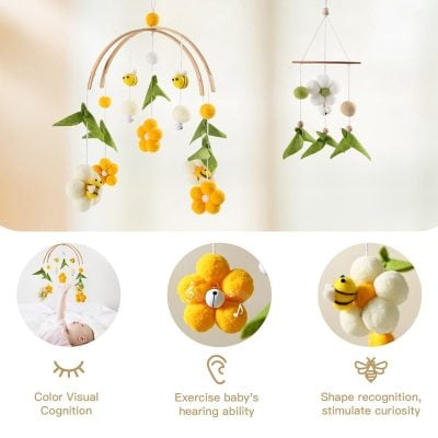Soft felt baby mobile with colorful flowers and bee designs for sensory development.