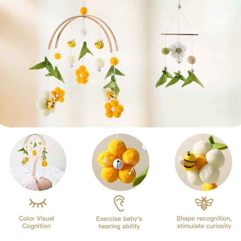 Soft felt baby mobile with colorful flowers and bee designs for sensory development.