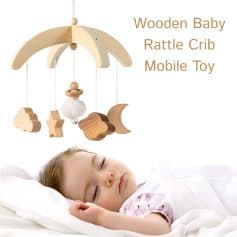 Wooden baby rattle crib mobile toy for infants, soft music and sensory stimulating decor.