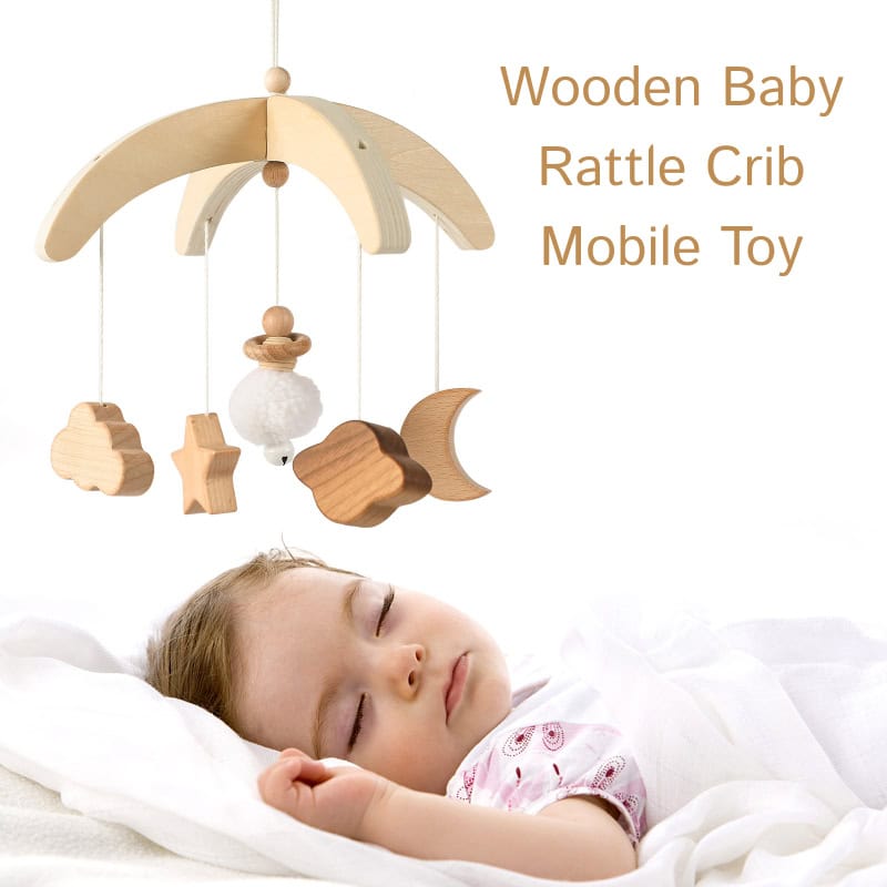 Wooden baby rattle crib mobile toy for infants, soft music and sensory stimulating decor.