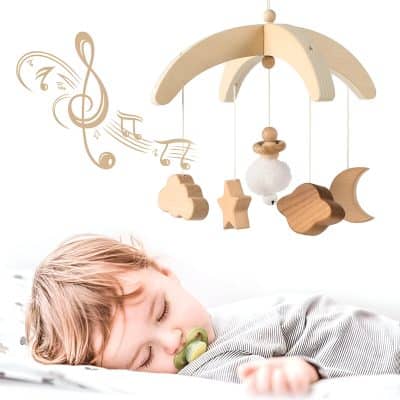 Wooden baby crib mobile with moon, clouds, star, and musical notes, nursery decor for infants and toddlers, soothing sleep aid, Monalisa Store.