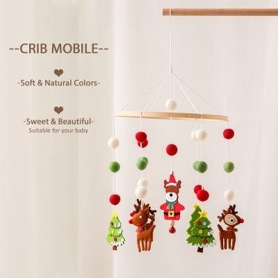 Colorful felt baby mobile with reindeer, Christmas tree, Santa Claus, and sweet plush design, ideal for nursery decor, sensory toy, and baby gift, featuring natural colors and soft textures for newborns and infants.