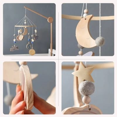 Wooden Baby Mobile with Moon, Star, and Cloud Decorations for Nursery Decor, Safe and Stylish Kids Room Accessories, Monalisa Medical Quality.