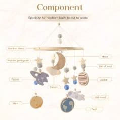Bamboo baby crib mobile with moon, star, planet, and rocket ornaments for newborn sleep aid, nursery decor, and space-themed baby gift.