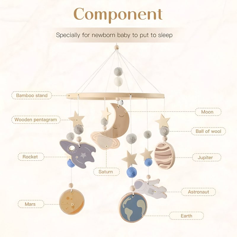 Bamboo baby crib mobile with moon, star, planet, and rocket ornaments for newborn sleep aid, nursery decor, and space-themed baby gift.
