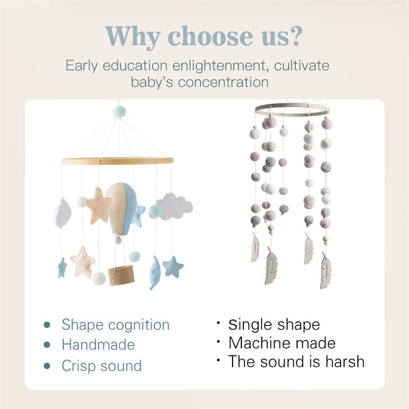 Soft baby mobile with cloud, star, and moon shapes for early childhood development and sensory stimulation.
