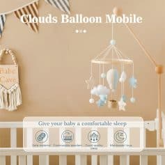 Soft pastel-colored clouds balloon mobile with stars, moon, and cloud shapes, perfect for baby's nursery. Features safe materials, stylish design, and Montessori toys to promote good sleep and developmental play.