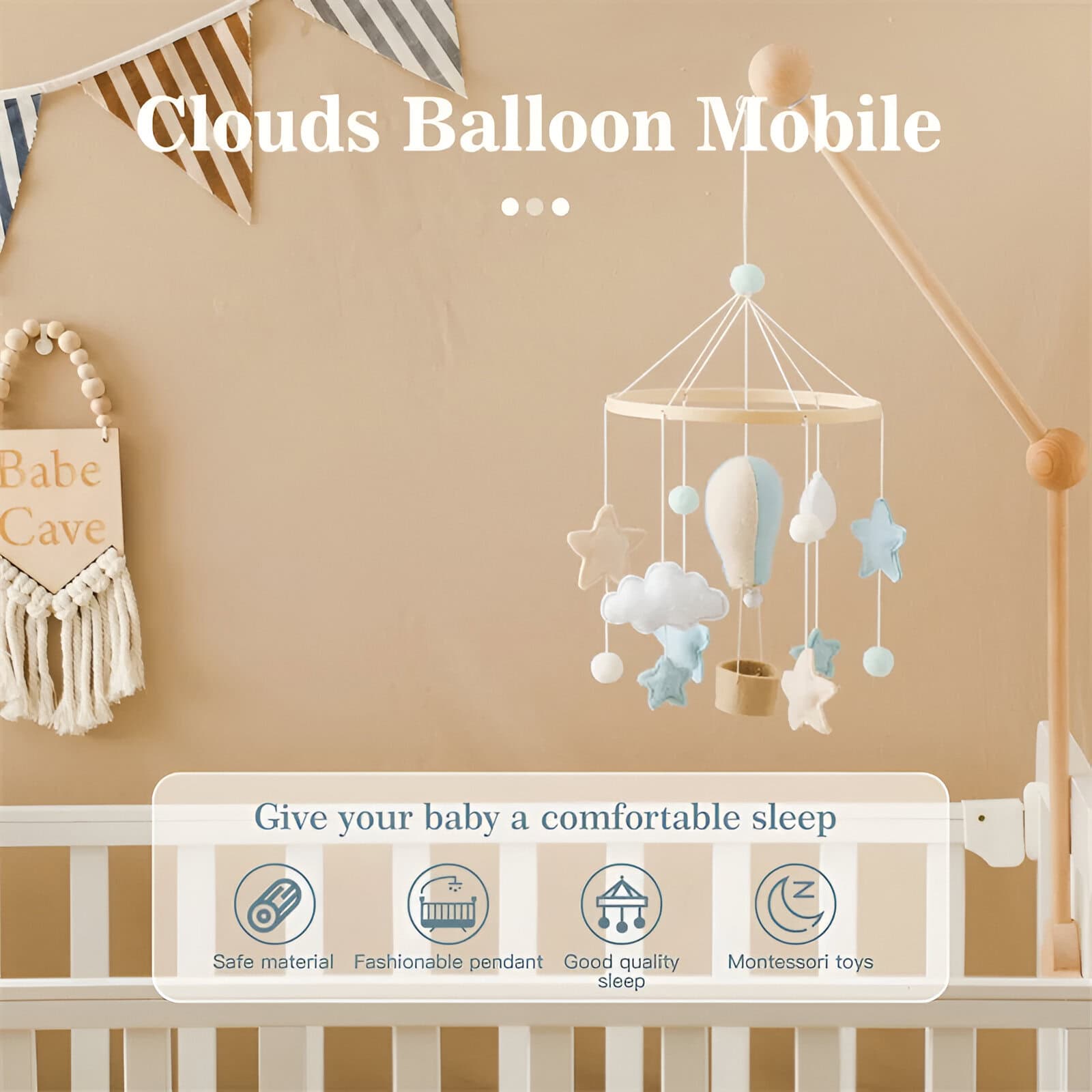 Soft pastel-colored clouds balloon mobile with stars, moon, and cloud shapes, perfect for baby's nursery. Features safe materials, stylish design, and Montessori toys to promote good sleep and developmental play.
