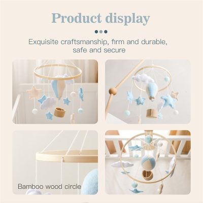 Soft pastel baby mobile with plush clouds, stars, and bamboo wood circle, ideal for nursery decor, safe and durable for infants, perfect for calming babies and encouraging visual development.