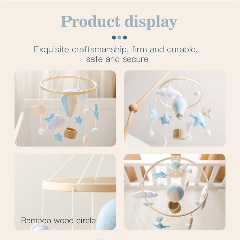 Soft pastel baby mobile with plush clouds, stars, and bamboo wood circle, ideal for nursery decor, safe and durable for infants, perfect for calming babies and encouraging visual development.