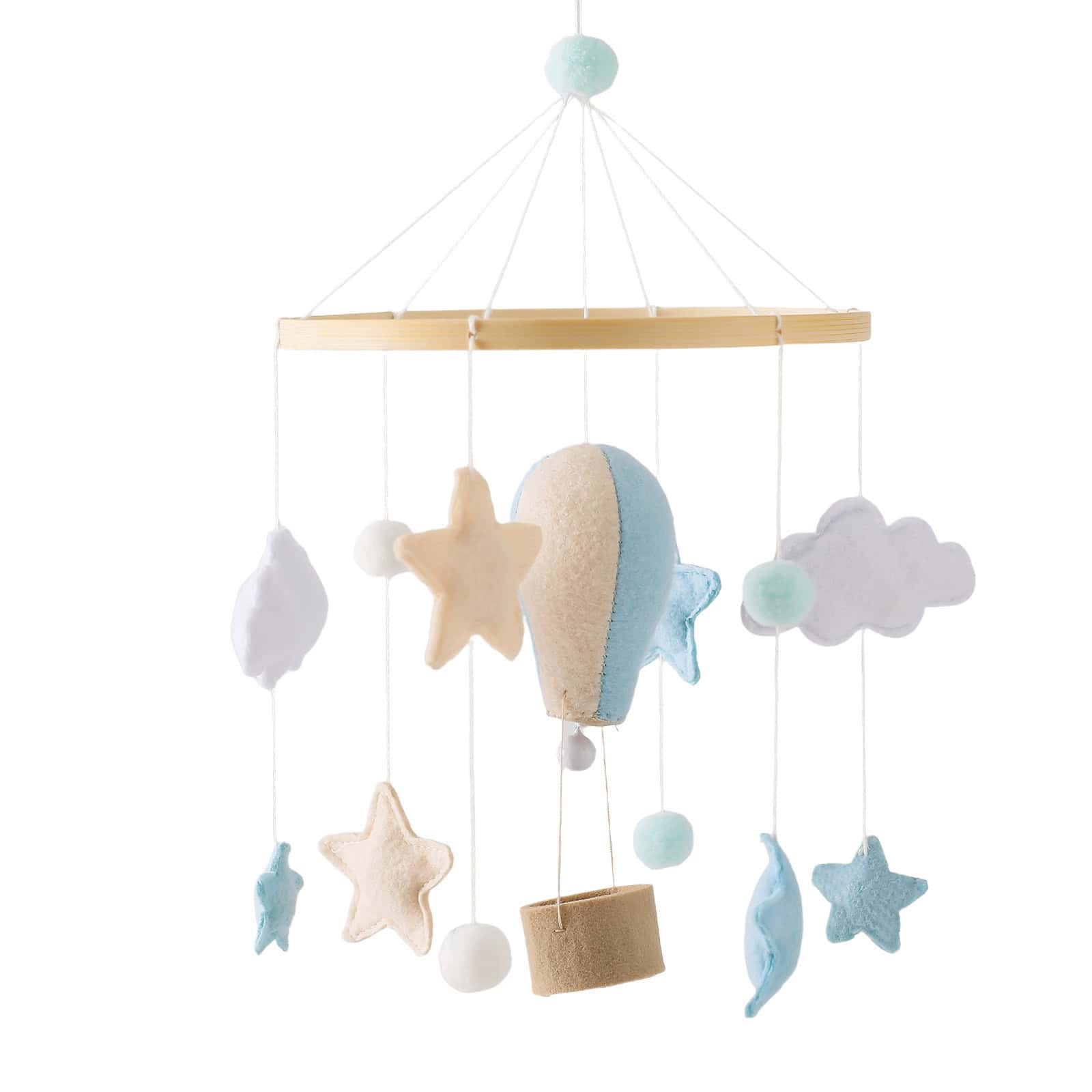 Soft felt baby mobile with clouds, stars, and moon, ideal for nursery decor, infant crib accessories, and sensory toys, featuring pastel blue, beige, and gray colors.