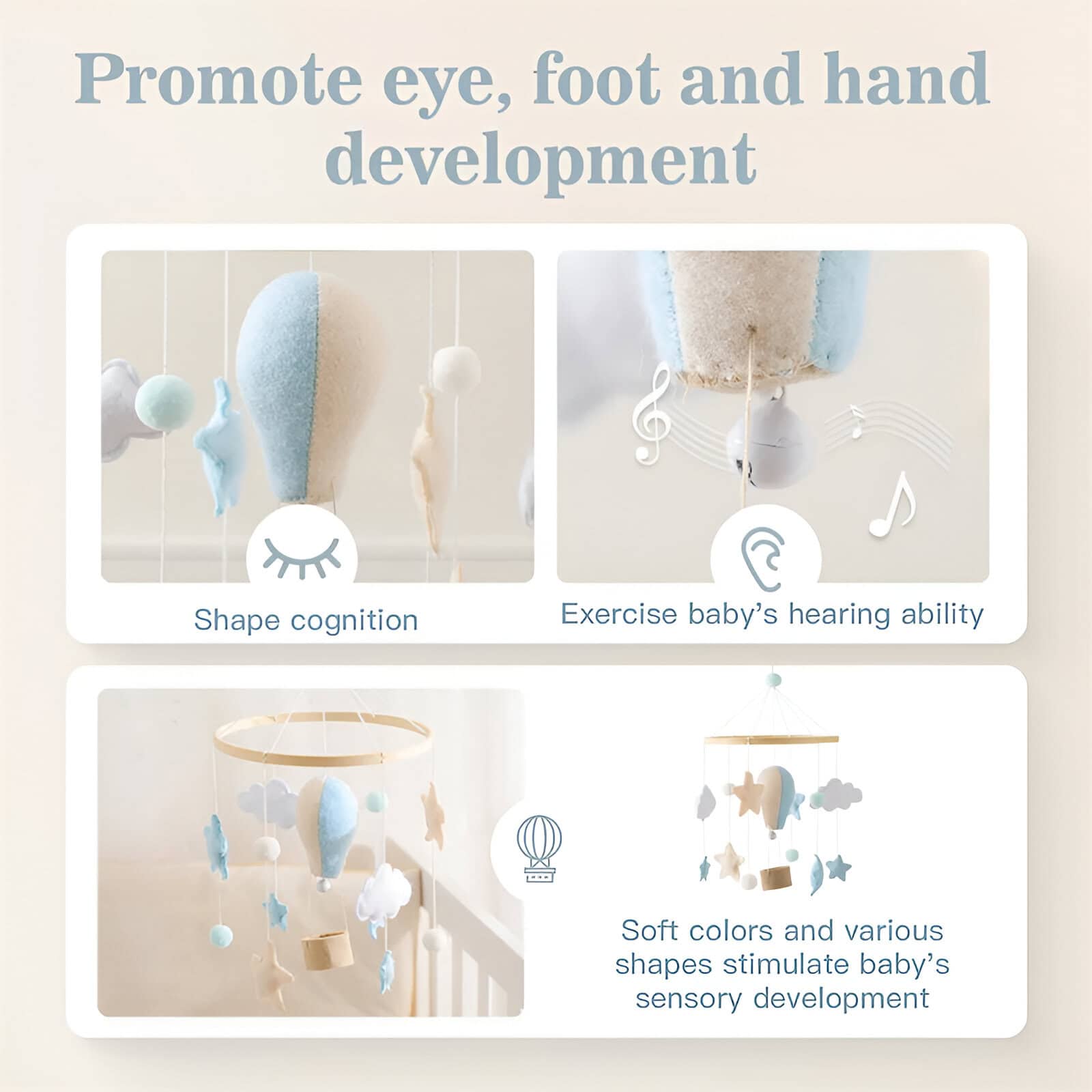 Silk baby mobile with soft blue, white, and neutral colors, designed to promote eye, foot, and hand development in infants, ideal for sensory stimulation and early childhood sensory development.