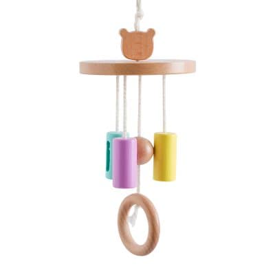Wooden baby mobile with colorful beads and a bear-shaped topper, ideal for infant nursery decor and baby sensory toys, promoting visual and auditory development.