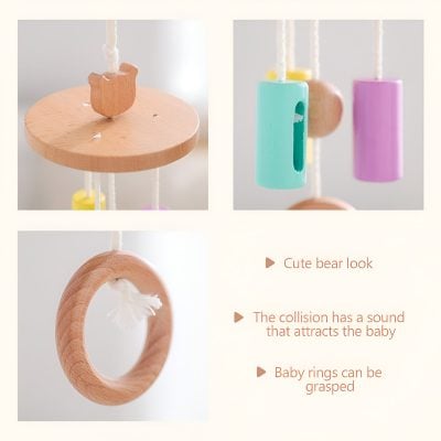 Wooden baby teething toy with bear and ring designs for infant sensory development.