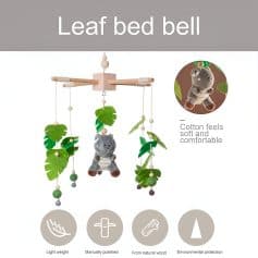 Soft plush hippopotamus baby crib mobile with leaf-shaped felt decorations, ideal for nursery decor, made from natural wood, lightweight, eco-friendly, and featuring cotton felt for comfort and durability.