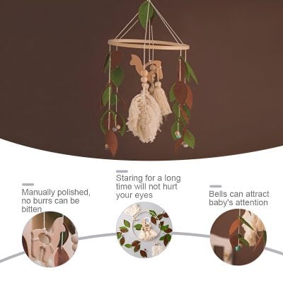 Soft plush baby-activating mobile with natural wooden toys, colorful beads, and feathers, designed to soothe and entertain infants while promoting eye development.