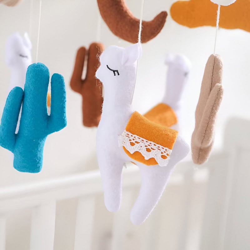 Colorful felt llama and cactus baby mobile for nursery decor, handmade plush toys, soft hanging decorations, ideal for infant cribs, enhance nursery aesthetic, calming and playful accessories, Monalisa Store.
