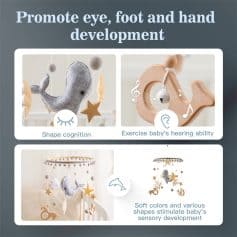 Soft baby mobile with stars, animals, and hanging decorations promotes sensory development and early learning for infants.