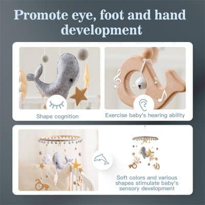 Soft baby mobile with stars, animals, and hanging decorations promotes sensory development and early learning for infants.