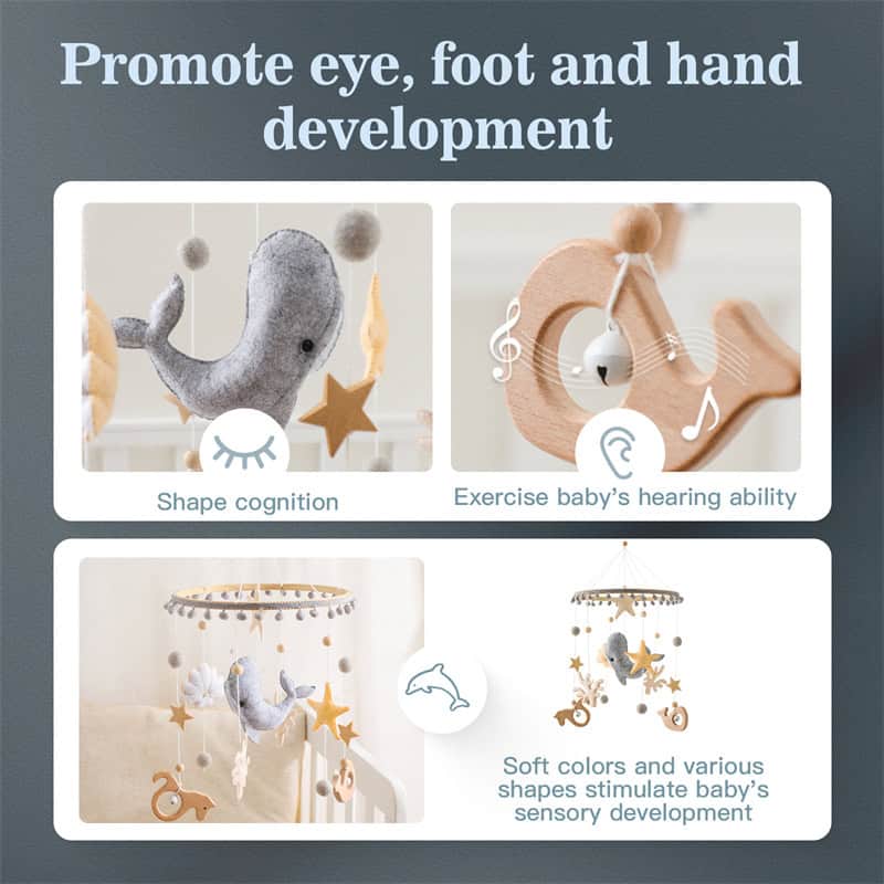 Soft baby mobile with stars, animals, and hanging decorations promotes sensory development and early learning for infants.