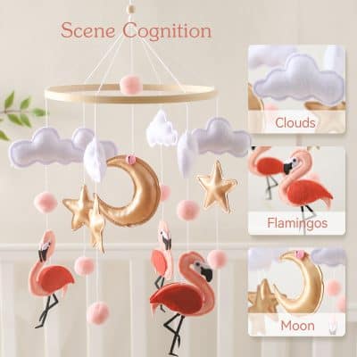 Cloud shaped nursery mobile with flamingo, moon, and star designs for baby room decor, featuring soft pastel colors and plush materials for gentle visual stimulation, ideal for infants.