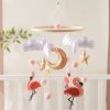 Cloud and moon nursery mobile for baby room decor, plush flamingo and star accents, soft pastel colors, ideal for a soothing sleep environment, perfect for a nursery or infant room decor.