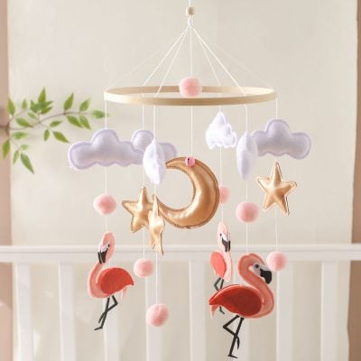Cloud and moon nursery mobile for baby room decor, plush flamingo and star accents, soft pastel colors, ideal for a soothing sleep environment, perfect for a nursery or infant room decor.