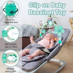 Clip on Baby Bassinet Toy - adjustable colorful baby mobile with plush animal figures and flower designs for infants, easy to install on baby cribs, promotes visual and tactile development.