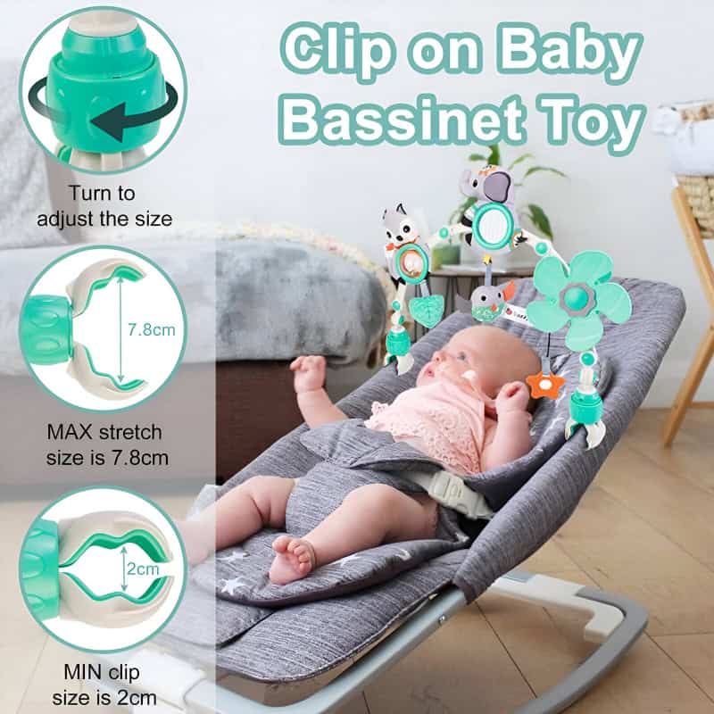 Clip on Baby Bassinet Toy - adjustable colorful baby mobile with plush animal figures and flower designs for infants, easy to install on baby cribs, promotes visual and tactile development.