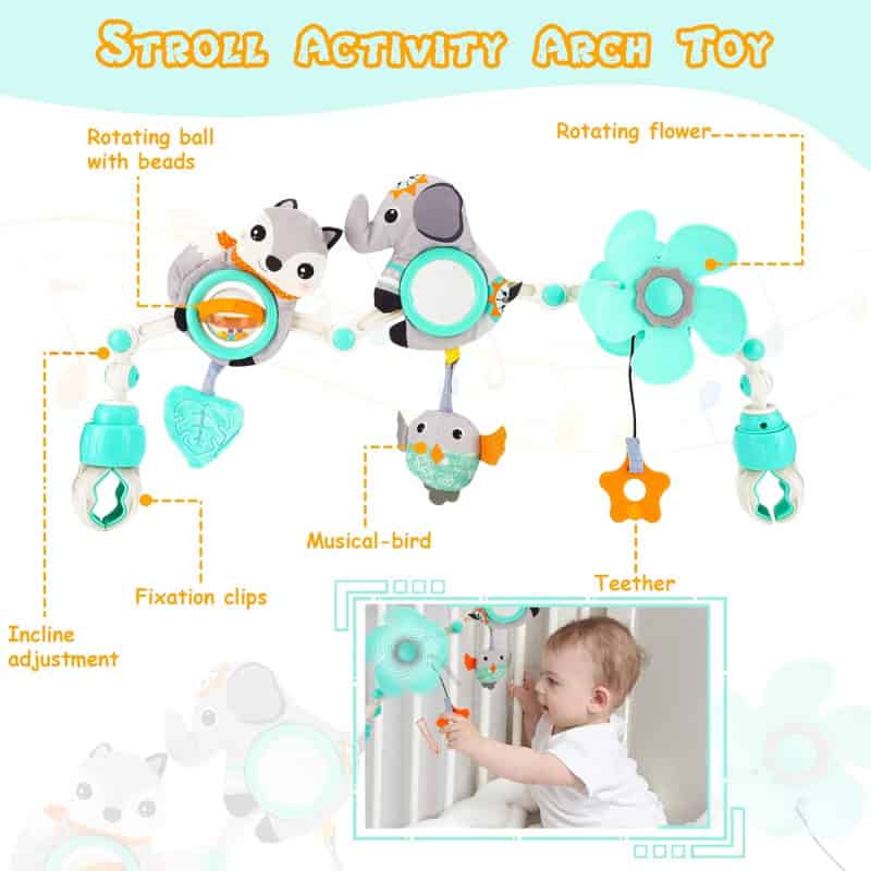 Colorful baby mobile with plush animal toys, musical bird, and rotating flower for infants, featuring fixation clips and incline adjustment, designed to entertain and soothe babies during playtime and sleep.