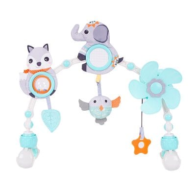 Soft baby mobile with animal and nature designs, perfect for infant nursery decor, featuring plush elephant, owl, and fox figures, gentle music, and soothing colors for newborn comfort.