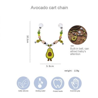 Colorful baby teething toy with avocado design, silicone beads, and built-in bell for infants, ideal for teething and sensory development.