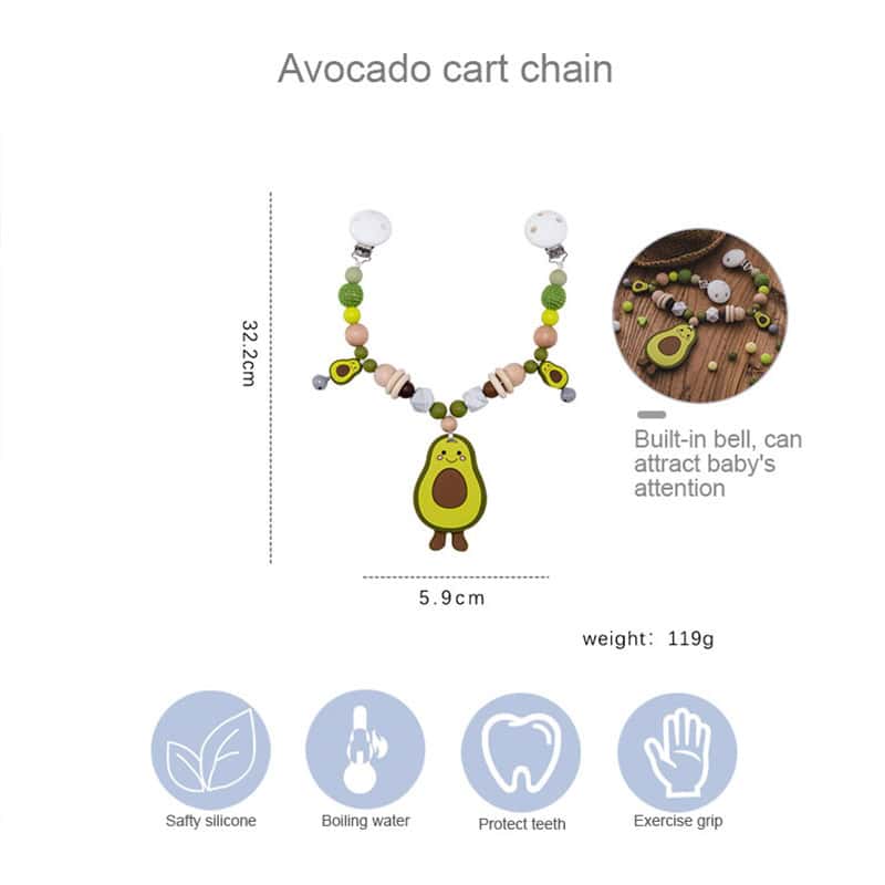 Colorful baby teething toy with avocado design, silicone beads, and built-in bell for infants, ideal for teething and sensory development.
