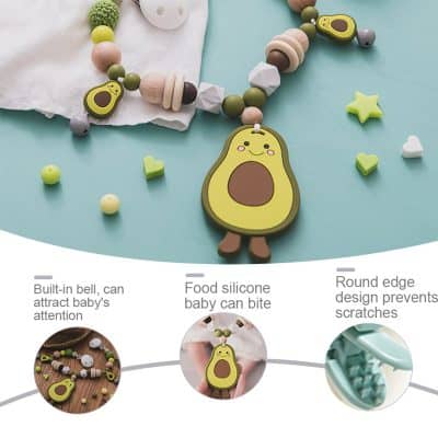 Avocado baby teether silicone necklace, cute fruit design, soft baby teething toy, safe silicone teether for infants.